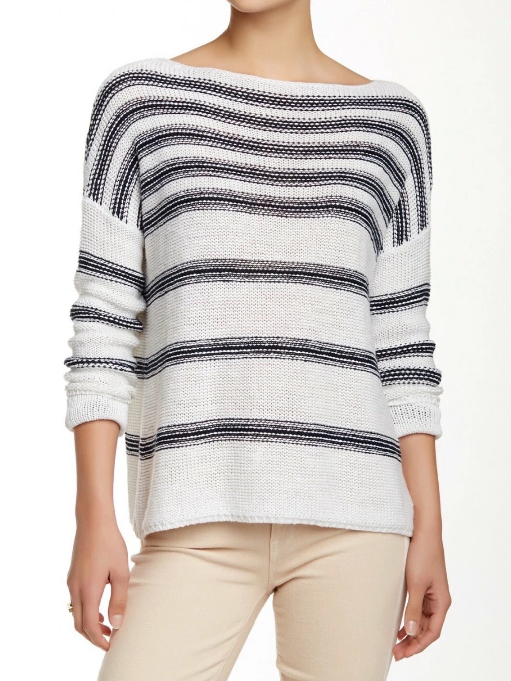 Vince Linen Knit Long Sleeve White Black Stripe Pullover Sweater Size Large